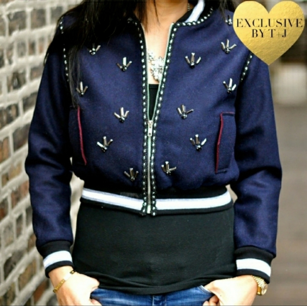 Navy Embellished Varsity Jacket